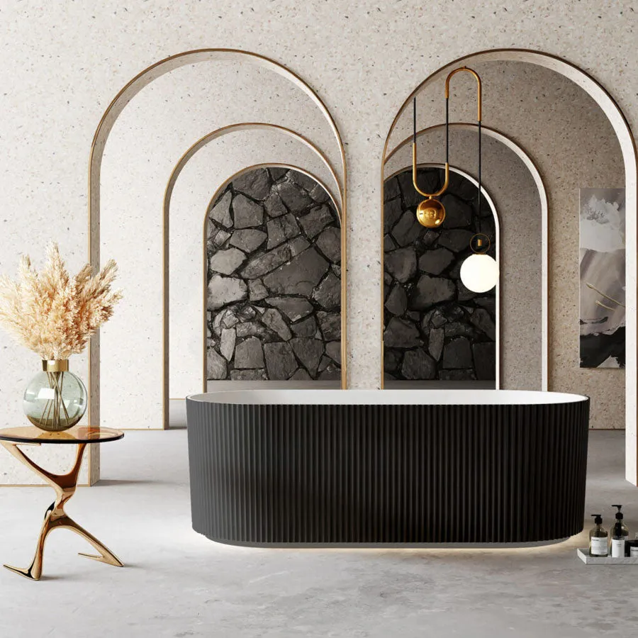 1500/1700mm Oslo V-Groove Freestanding Bathtub Fluted Matt White & Black NO Overflow