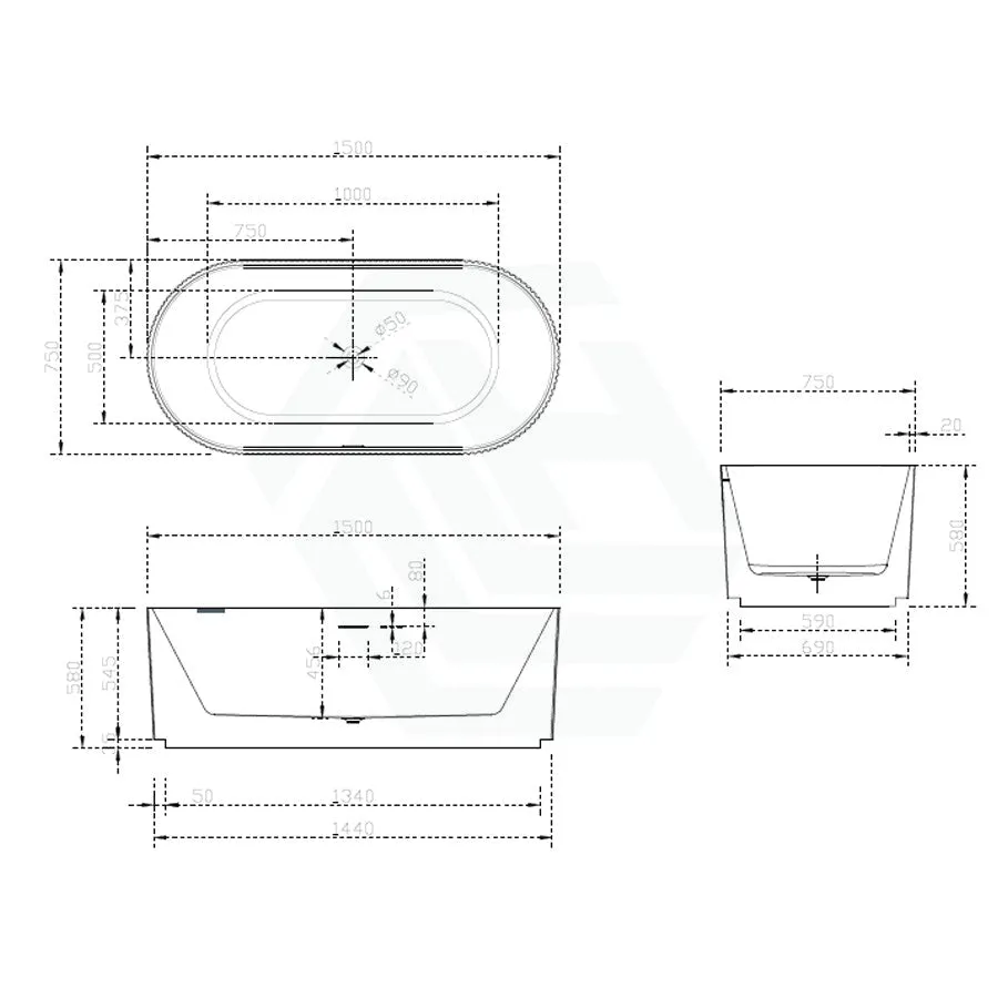 1500/1700mm Oslo V-Groove Freestanding Bathtub Fluted Matt White & Black NO Overflow