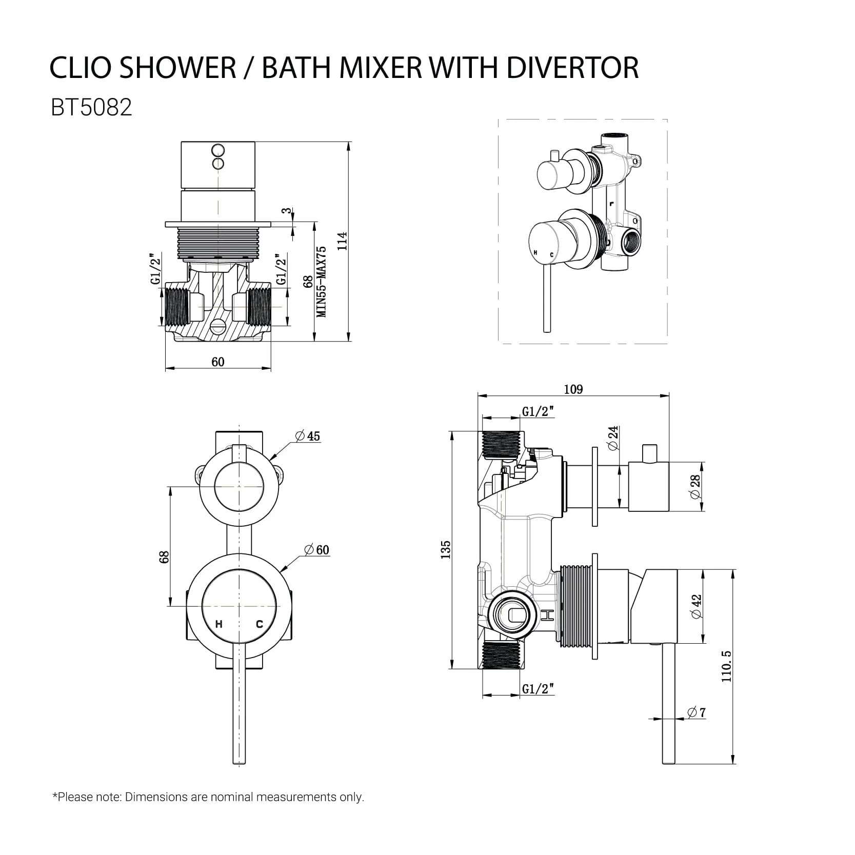 CLIO Shower / Bath Mixer with Divertor Matte Black