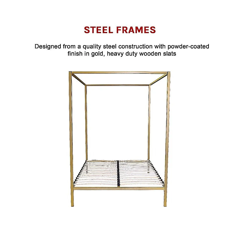 Gold Four Poster Queen Bed Frame with Sturdy Steel Construction