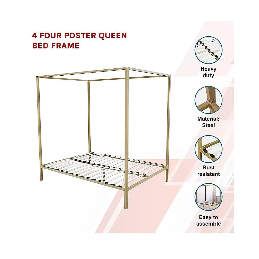 Gold Four Poster Queen Bed Frame with Sturdy Steel Construction