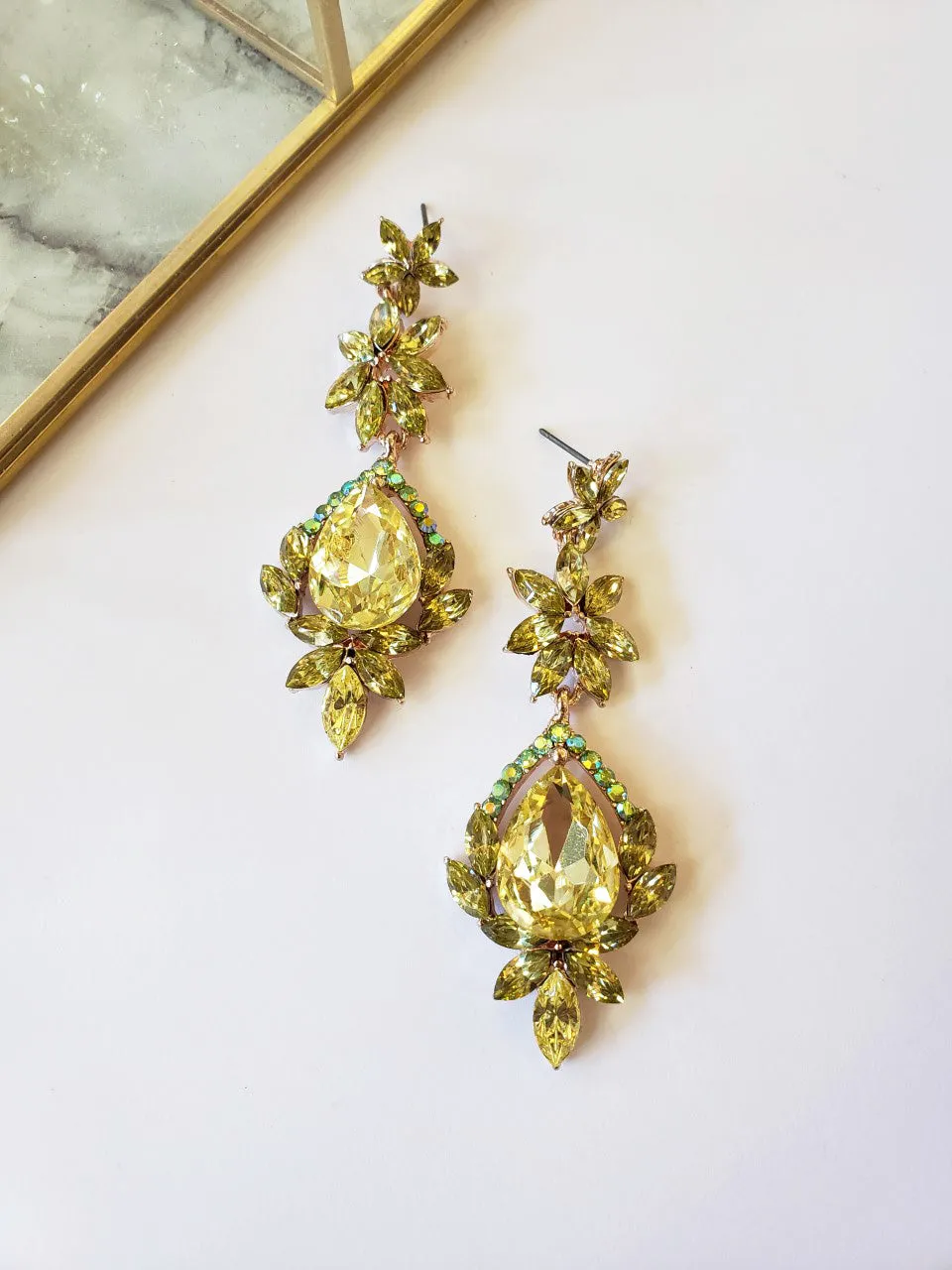 Jane Chartreuse Gemstone Earrings | Formal Crystal Drop Earrings | Pear and Starburst Crystal Earrings | Wedding and Formal Accessories