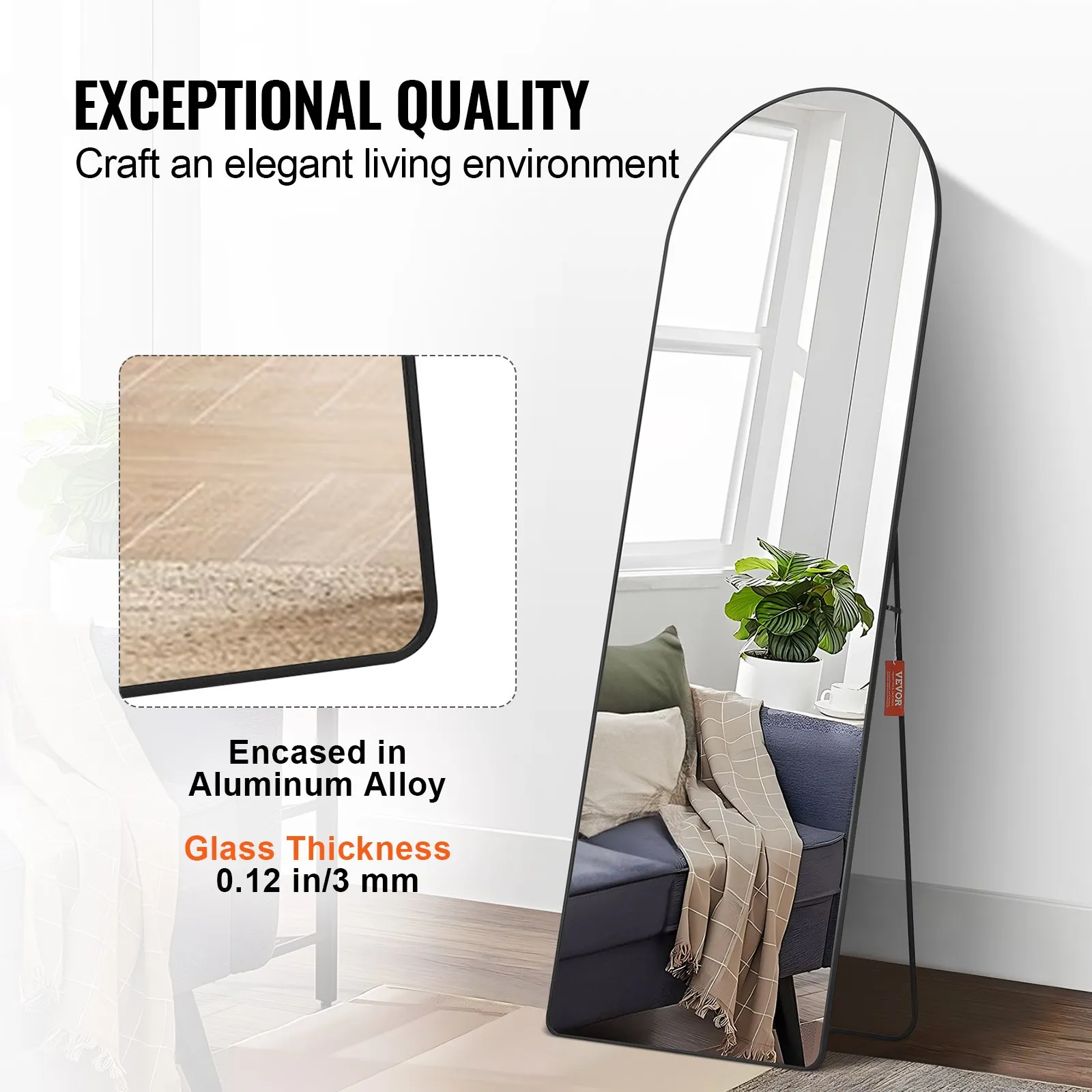 Large Free Standing Leaning Hanging Wall Mounted Floor Mirror with Stand Aluminum Alloy Frame, Full Body Dressing Mirror for Living Room Bedroom, Black