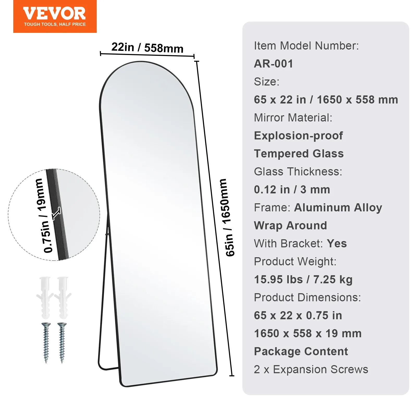 Large Free Standing Leaning Hanging Wall Mounted Floor Mirror with Stand Aluminum Alloy Frame, Full Body Dressing Mirror for Living Room Bedroom, Black