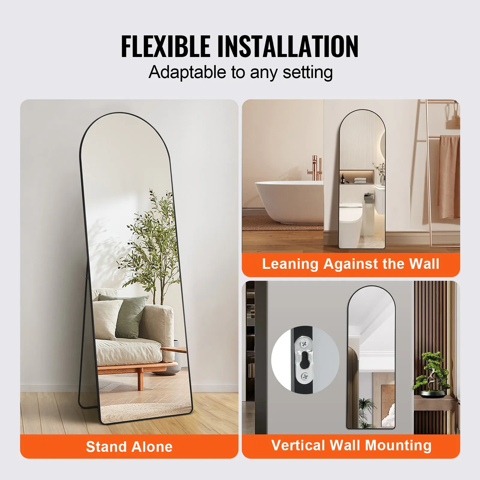 Large Free Standing Leaning Hanging Wall Mounted Floor Mirror with Stand Aluminum Alloy Frame, Full Body Dressing Mirror for Living Room Bedroom, Black