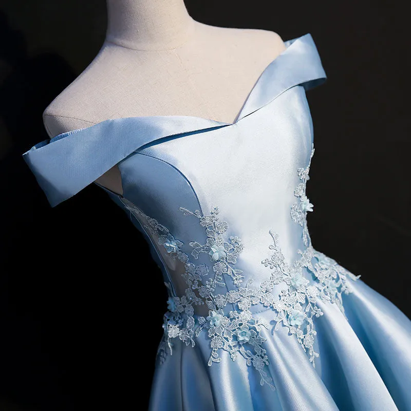 Light Blue Satin with Lace Applique High Low Homecoming Dress Blue Short Off Shoulder Formal Dress