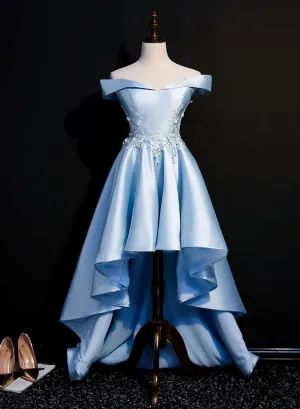Light Blue Satin with Lace Applique High Low Homecoming Dress Blue Short Off Shoulder Formal Dress
