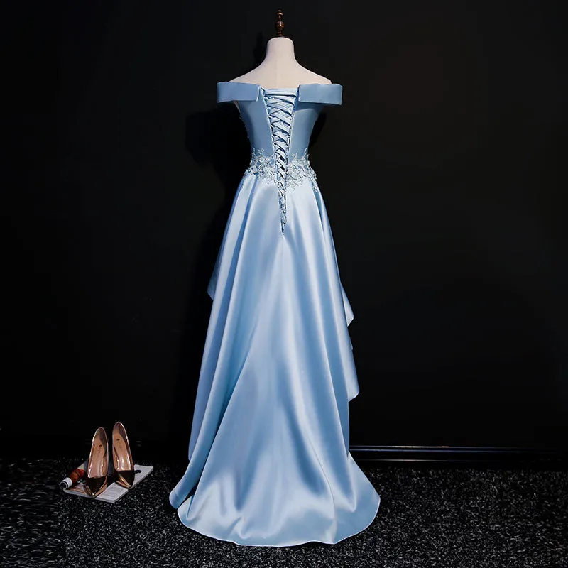 Light Blue Satin with Lace Applique High Low Homecoming Dress Blue Short Off Shoulder Formal Dress