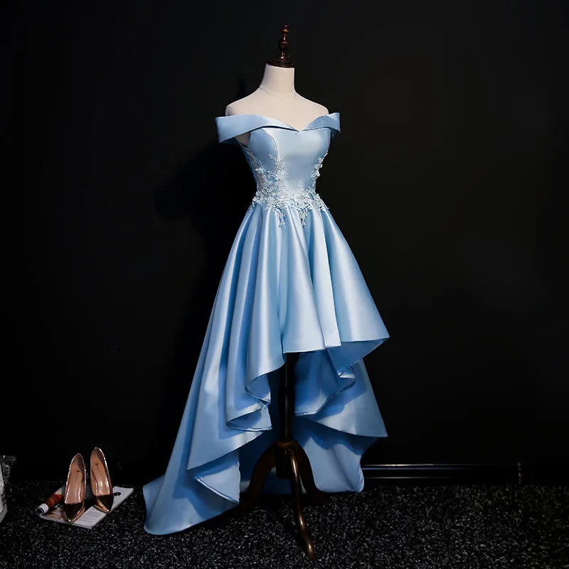 Light Blue Satin with Lace Applique High Low Homecoming Dress Blue Short Off Shoulder Formal Dress