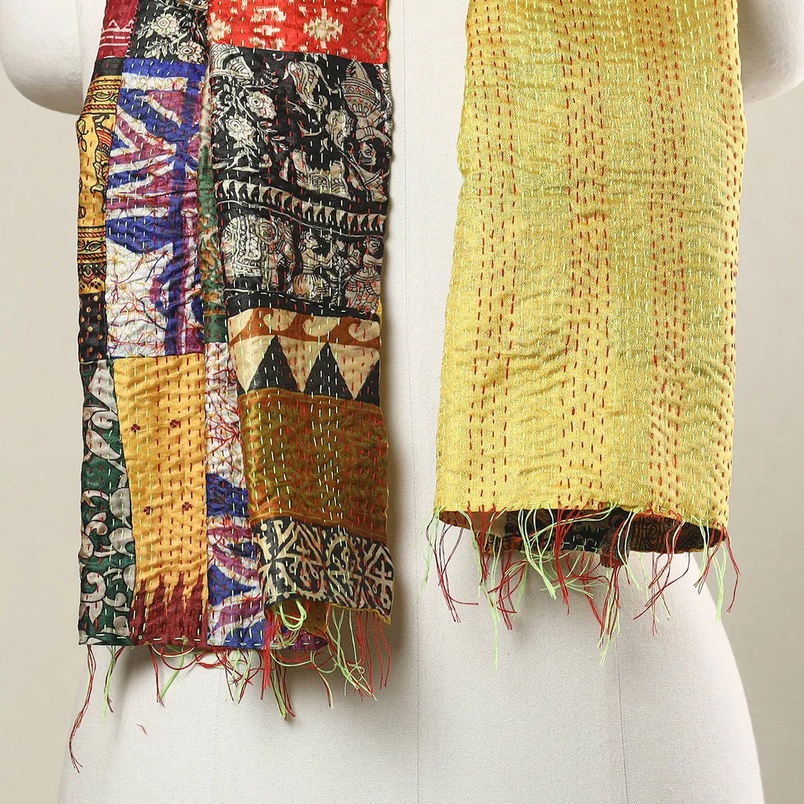 Multicolor - Bengal Kantha Embroidery Patchwork Reversible Silk Stole 03