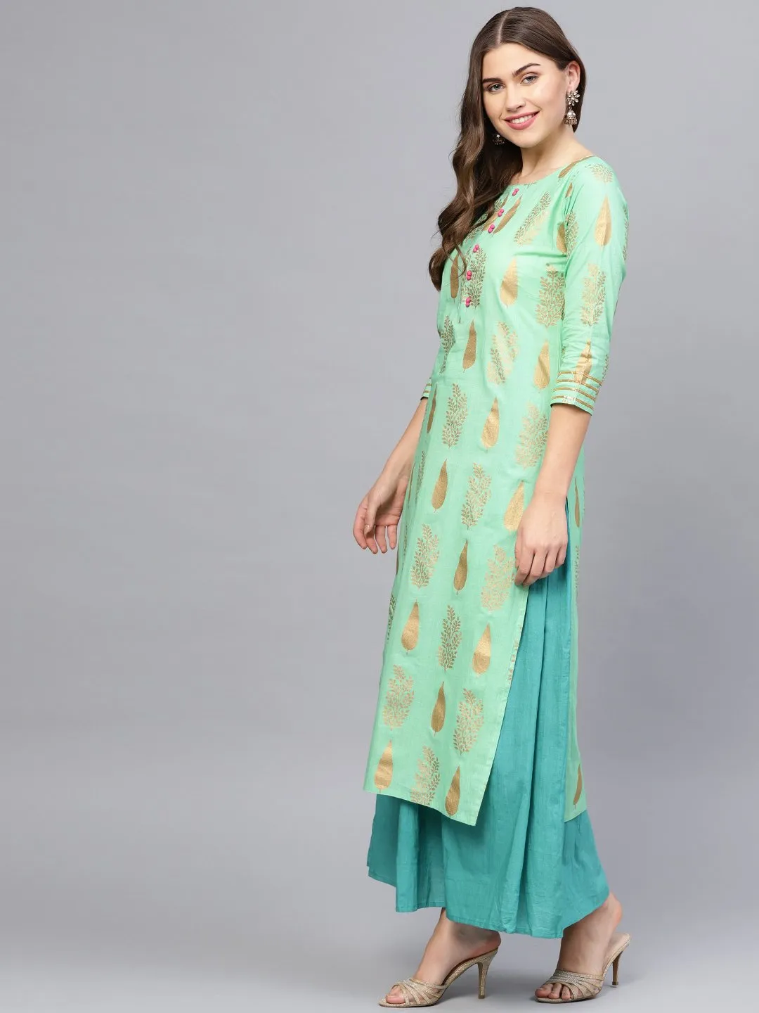 Women Green & Blue Printed Kurta With Skirt & Dupatta