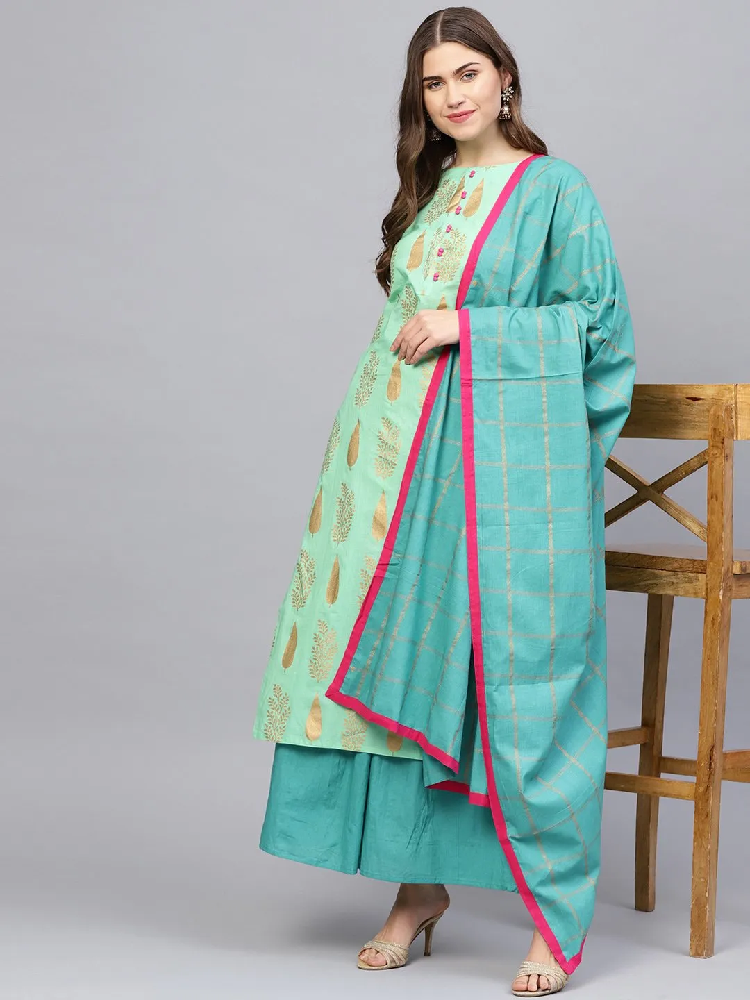 Women Green & Blue Printed Kurta With Skirt & Dupatta