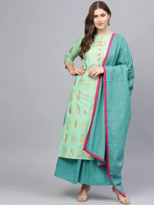Women Green & Blue Printed Kurta With Skirt & Dupatta