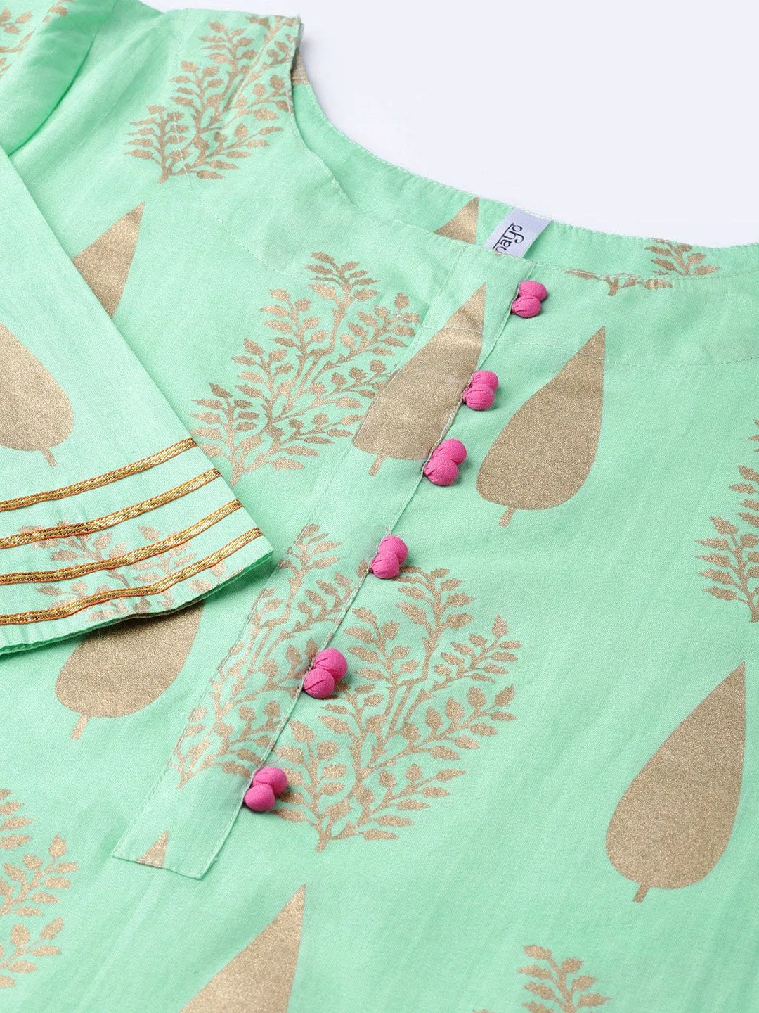 Women Green & Blue Printed Kurta With Skirt & Dupatta